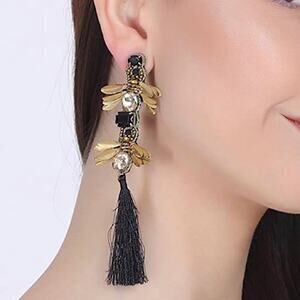 Black Gold Jewel Stud tassel drop earrings bee wings